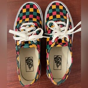 NWOT Vans sneakers red gold and green on black, distressed 7M/8.5W